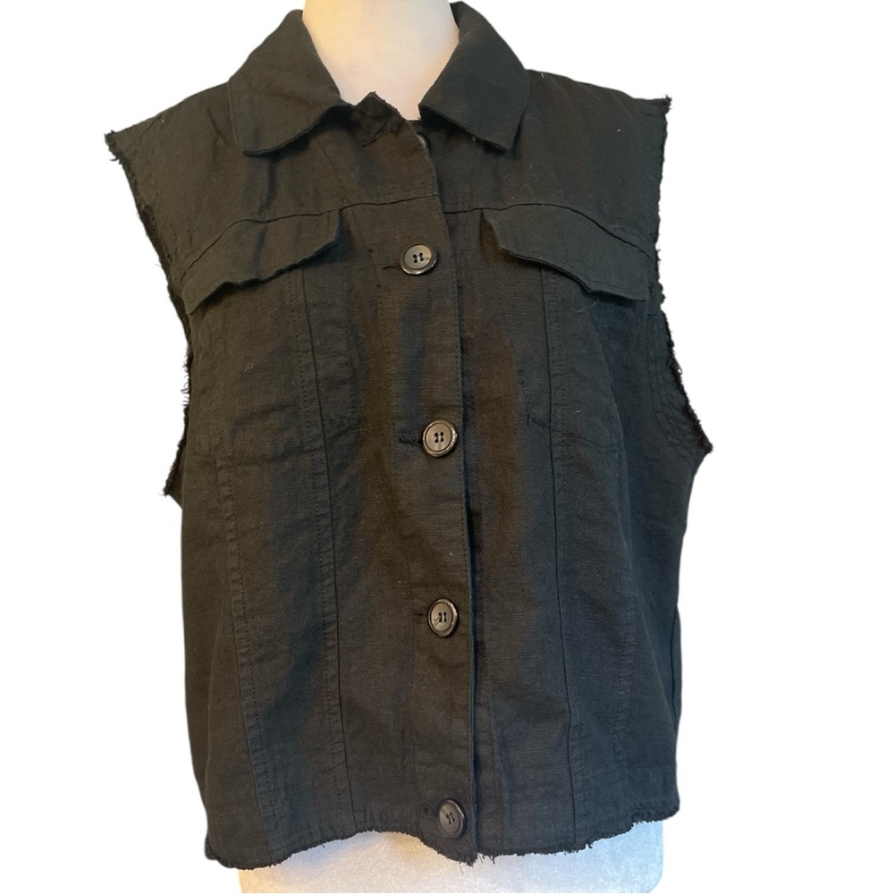 REBECCA ELLIOT L black trucker style button up tab pocket sleeveless vest